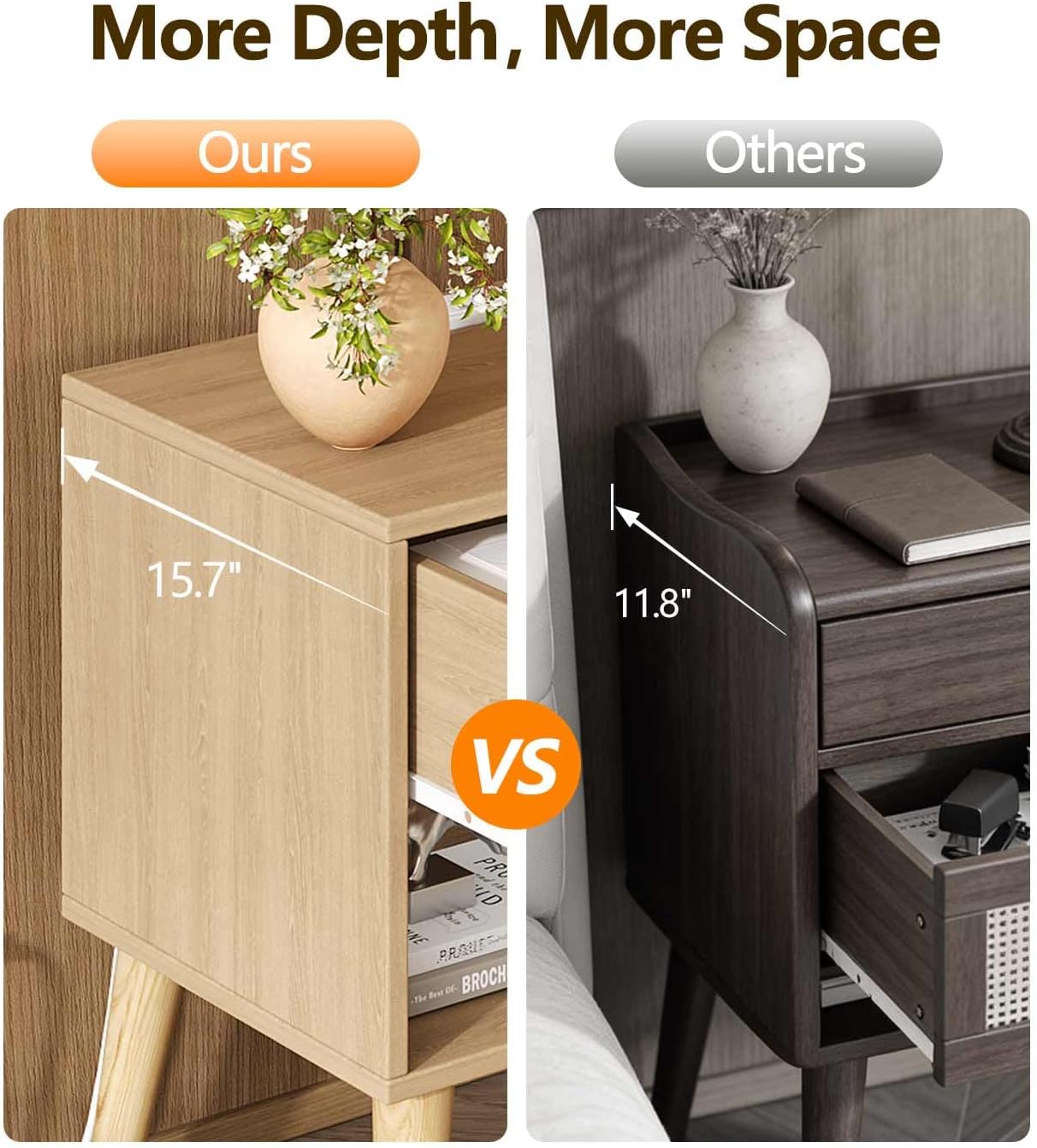 Keehusux 17.7" W x 15.7" D Rattan Nightstand Set of 2, Night Stand with Charging Station, Bedside Table with Open Shelf & Solid Wood Legs, Boho Night Stand with Drawer, End Table for Bedroom, Natural
