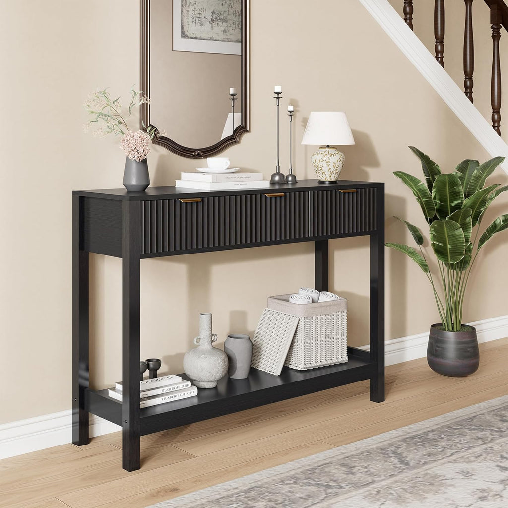 Nasonet Fluted Console Table, Wooden Sofa Table with Storage and Drawers, Farmhouse Behind Couch Table Entryway Table for Entrance, Hallway, Living Room, Black