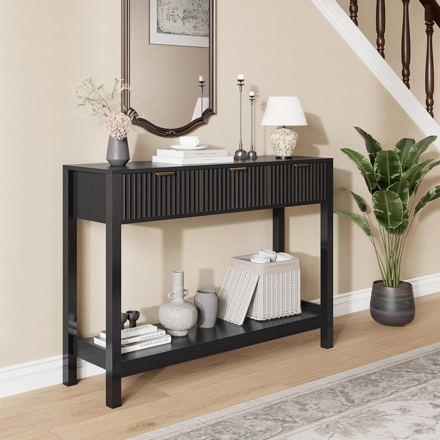 Nasonet Fluted Console Table, Wooden Sofa Table with Storage and Drawers, Farmhouse Behind Couch Table Entryway Table for Entrance, Hallway, Living Room, Black