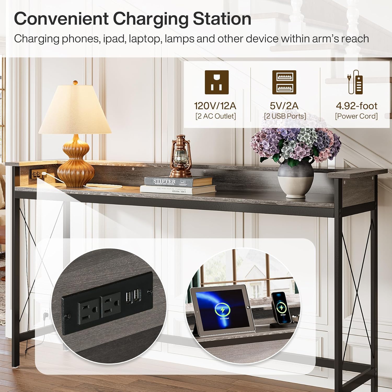 Tribesigns Sofa Table with Outlets and USB Ports, 70.9 inch Extra Long Console Table Behind Couch with Charging Station, Industrial Narrow Entryway Hallway Accent Table for Living Room