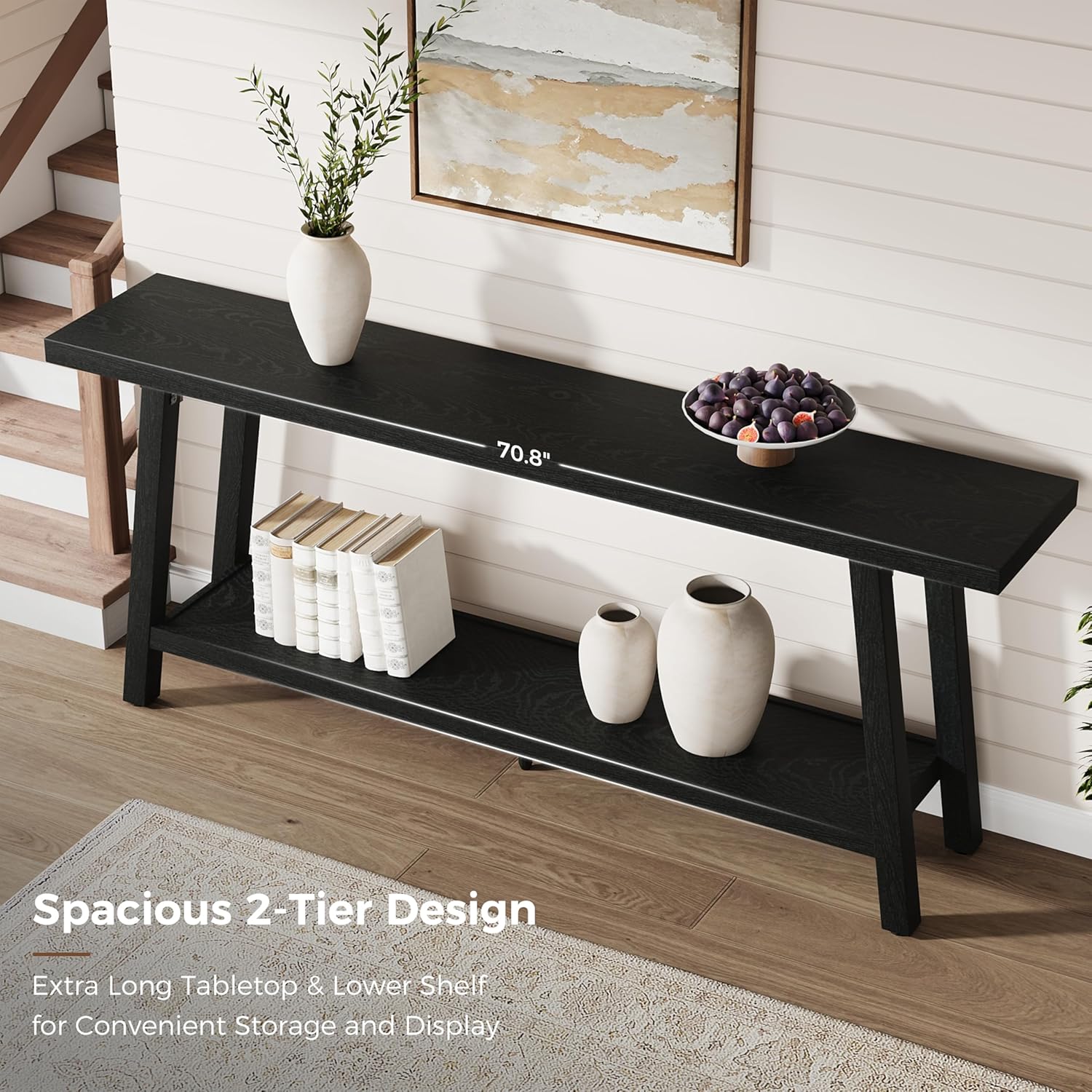 GarveeHome 70.87" Extra Long Console Table, Narrow Sofa Table Behind Couch, Black Entryway Table for Hallway Living Room Foyer, Farmhouse Accent Skinny Table, Black, 70.87" L x 14.02" W