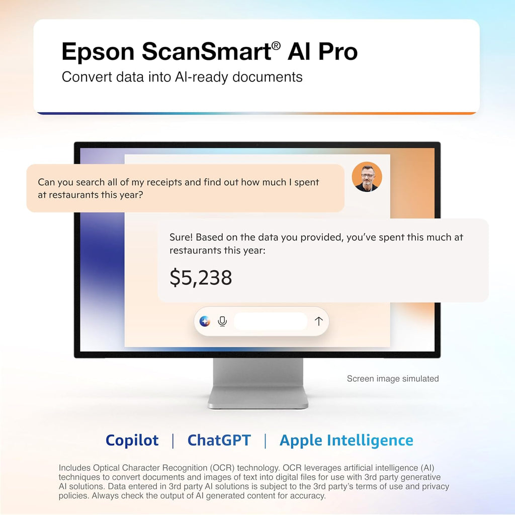Epson RapidReceipt RR-600W Wireless Desktop Color 2-Sided Document & Tax Receipt Scanner with ScanSmart AI PRO Data Management Software for PC & Mac Touchscreen & 100-Page Auto Document Feeder, White