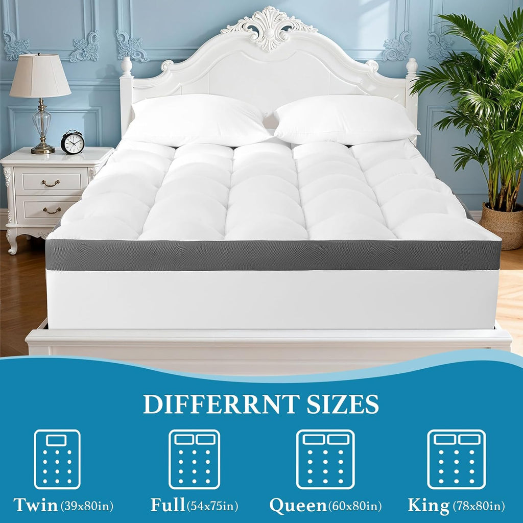 4 Inch Memory Foam Mattress Topper, Cooling Extra Thick 2000 GSM Pillow Top Mattress Pad for Back Pain Relief,Soft Breathable Mattress Cover for Fluffy Shredded Memory Foam Filled (Queen, 60"x80")