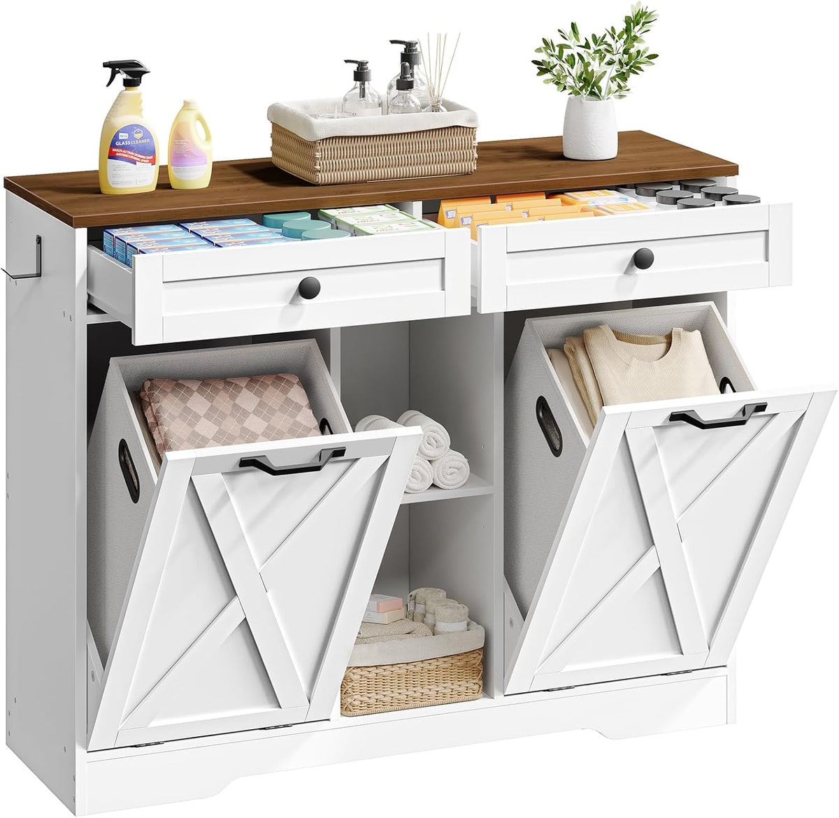 HOOBRO Double Tilt Out Laundry Hamper Cabinet, 23 Gallon Farmhouse Trash Can Cabinet with 2 Drawers and Open Shelving, Wooden Hidden Laundry Hamper, for Bathroom, Kitchen, White and Walnut WH11XY01