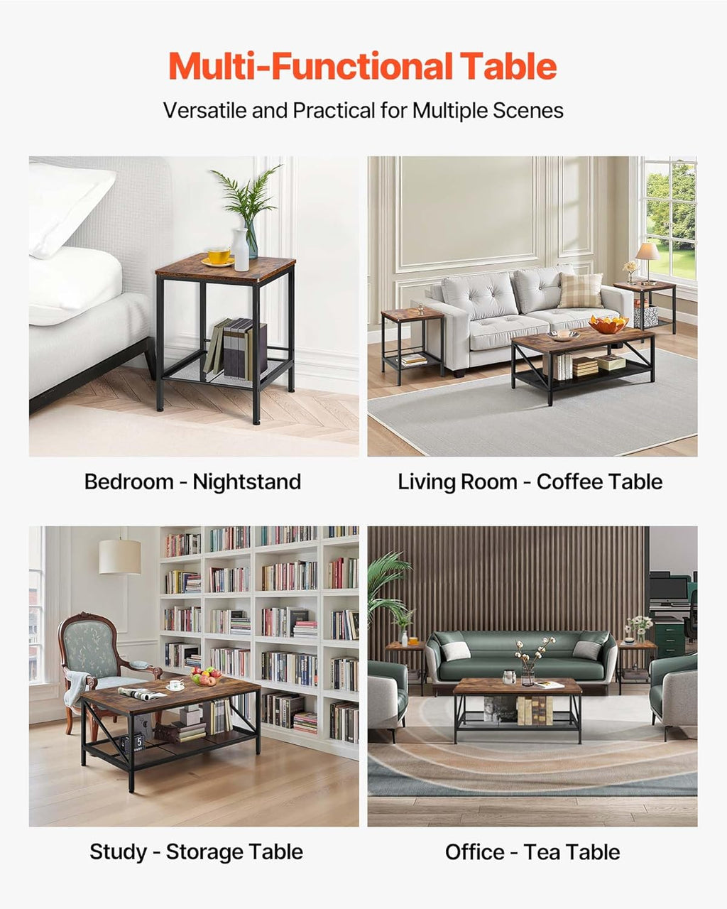VEVOR 3 Pieces Living Room Table Sets, 41.3 in Industrial Coffee Table with 2 Square End Side Tables, Easy Assembly Coffee and End Tables Sets with Metal Legs, for Office, Living Room & Apartment