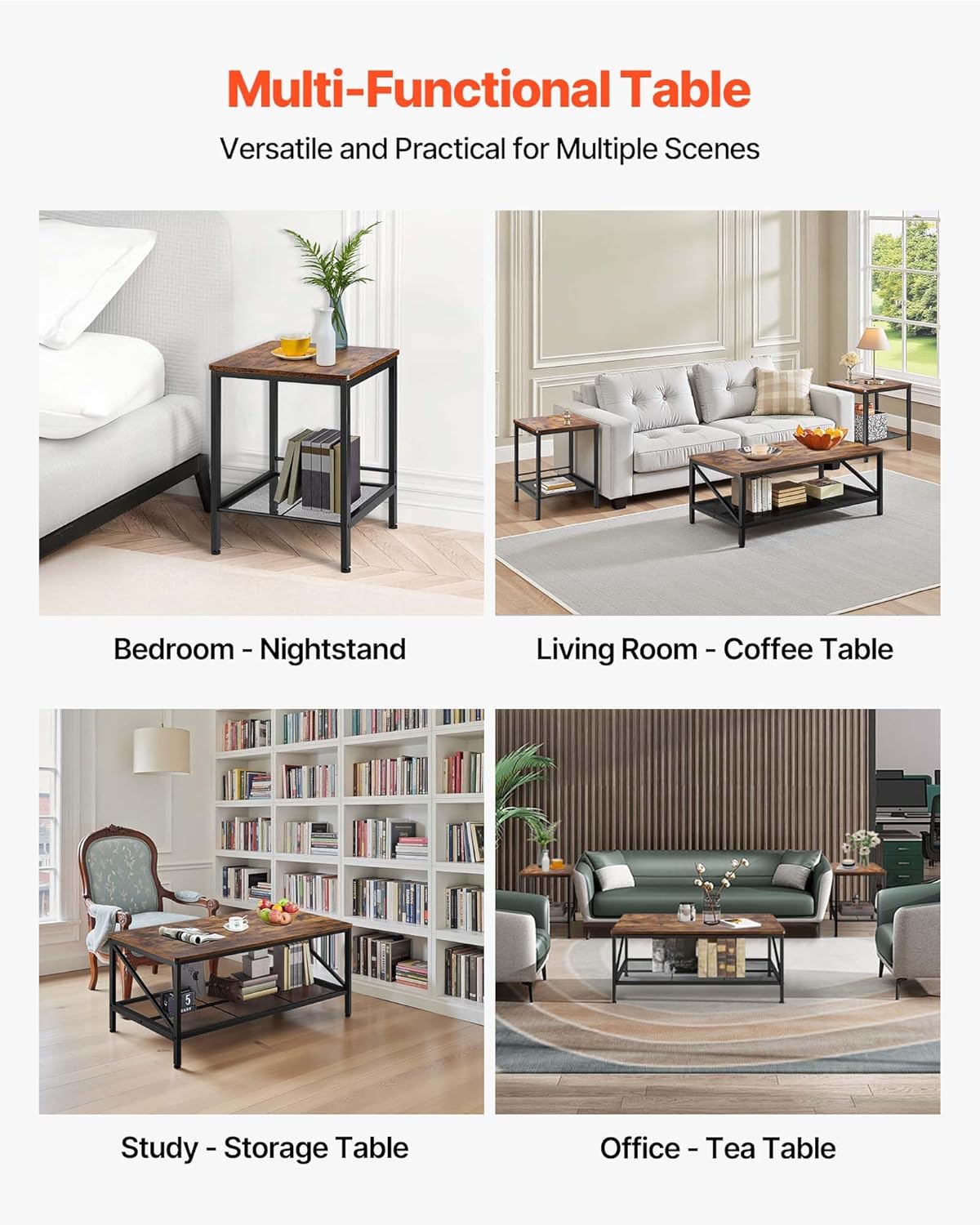 VEVOR 3 Pieces Living Room Table Sets, 41.3 in Industrial Coffee Table with 2 Square End Side Tables, Easy Assembly Coffee and End Tables Sets with Metal Legs, for Office, Living Room & Apartment