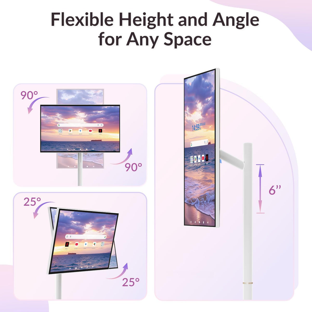 27-Inch Smart Portable TV on Wheels | Built-in 14-16H Battery | Qualcomm Snapdragon, 8+128GB Android 14 OS | EDLA Touch Screen, 13 MP Camera, Full Swivel Rotation, Remote & Voice Control