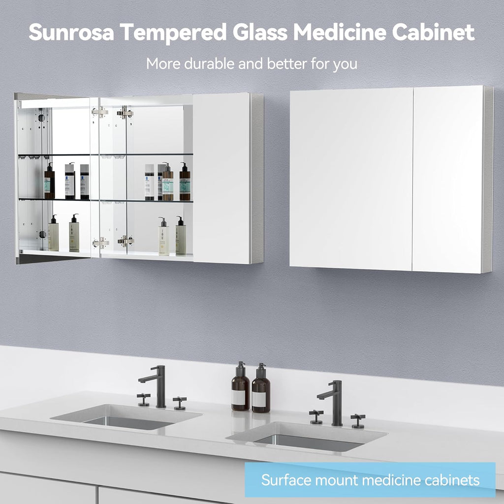 Sunrosa Medicine Cabinet with Mirror, 36" W x 31.5" H, 2 Asymmetrical Doors, Wall-Mounted & Recessed Bathroom Medicine Cabinet with Tempered Glass Mirror