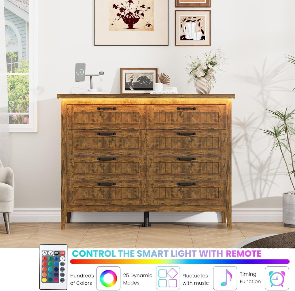 Garvee Rustic Brown Dresser for Bedroom, 8 Drawer Dresser with LED Lights and Power Outlet, Closet Dressers Chests of Drawers, Double Wooden Dressers for Entryway, Hallway