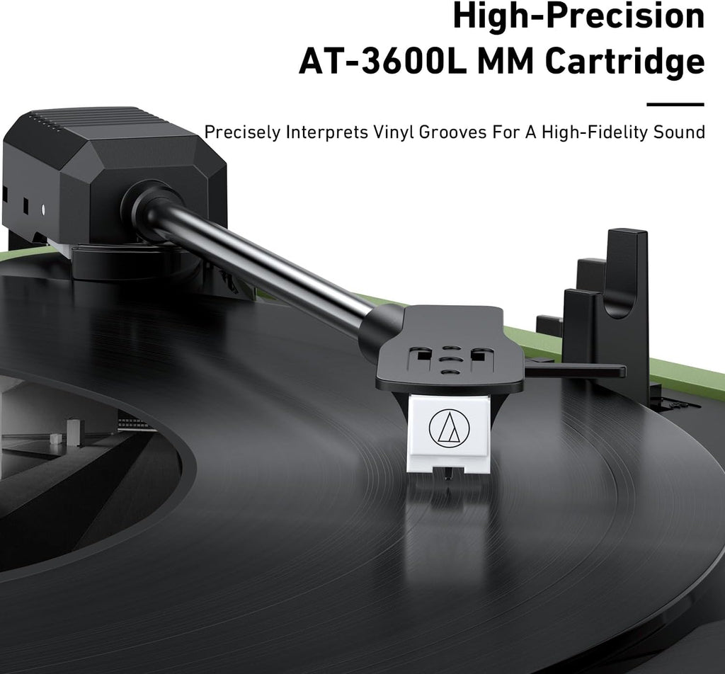 MYKESONIC Fully Automatic Record Player, Bluetooth Belt Drive Vinyl Turntable, Magnetic AT-3600L Cartridge, Bluetooth in & Out, Hi-Fi Stereo Speakers, Aux in Headphone, RCA Out (Green)