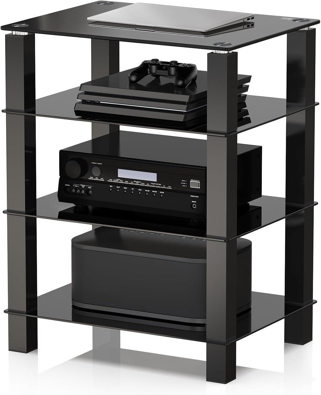 FITUEYES 4-Tier Media Stand Audio/Video Component Cabinet with Glass Shelf for Xbox One/ps4 AS406002GB