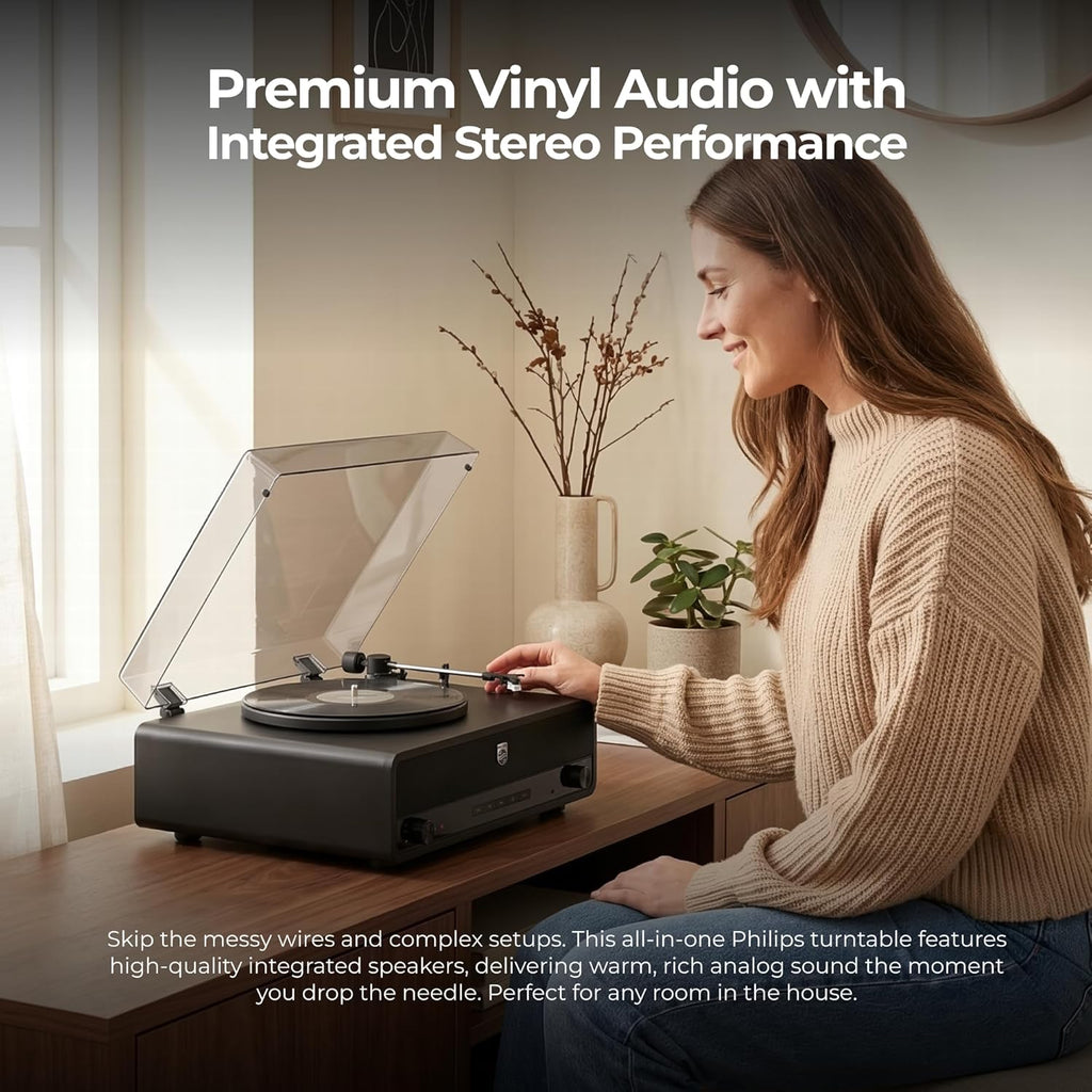 Philips Record Player, All-in-One Bluetooth Turntable with Built-in Speakers, 3-Speed Belt-Drive Vinyl Record Player, Audio-Technica Stylus, Wireless Streaming in & Out, RCA/AUX/Headphone, Auto-Stop