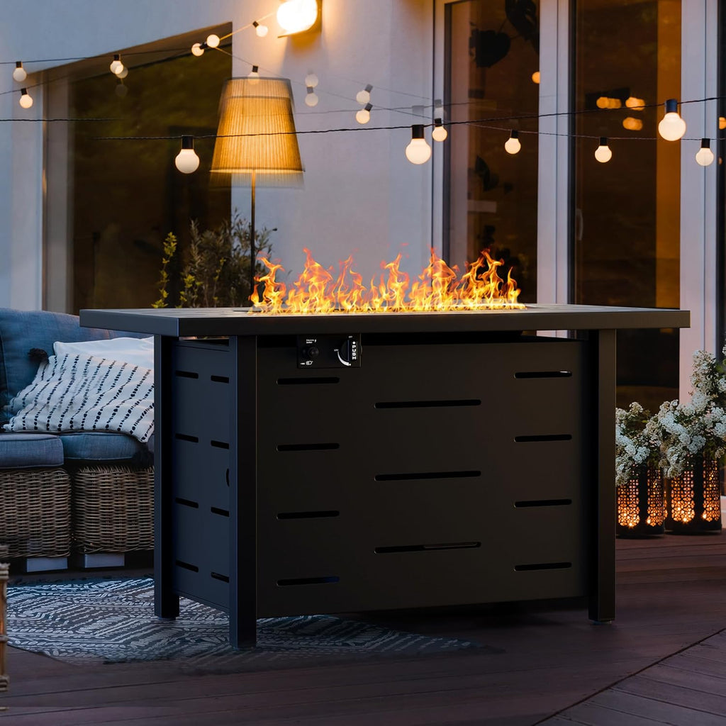 43 Inch Propane Fire Pit Table for Patio & Backyard, 50,000 BTU Steel Gas Fire Pit with Lid & Lava Rocks, Outdoor Table Heater for Deck, Garden, Smokeless Flame