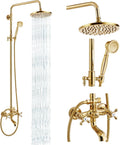 gotonovo Exposed Shower Faucet Set 8 Inch Rainfall Showerhead 3-Function Shower Fixture with Tub Spout 2 Corss Handles Shower System, Polish Gold