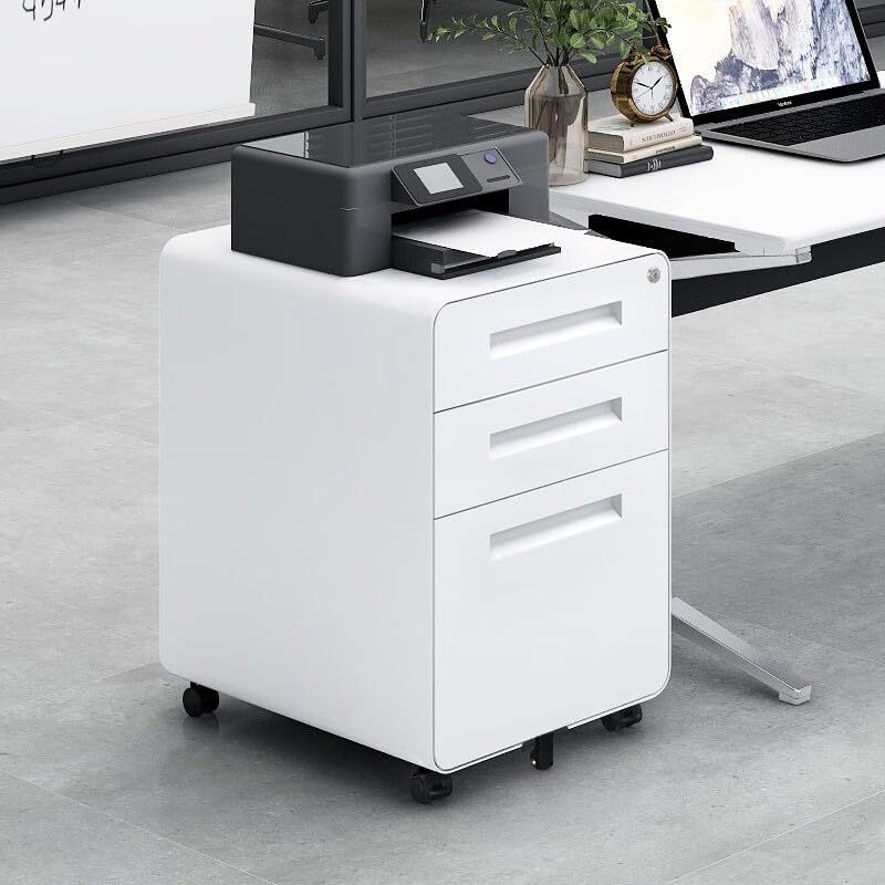 Garvee 3 Drawer File Cabinet with Lock, Under Desk Mobile Metal Filing Cabinet for Home Office, 5 Wheel Anti-Tilt Rolling File Cabinets for A4/Letter/Legal Size, Fully Assembled