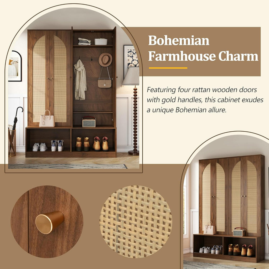 LUMISOL Wide Entryway Hall Tree with Storage Bench and 4 Rattan Doors, 78.7”H Farmhouse Entryway Coat Rack with 6 Hidden Hooks, 4-in-1 Mudroom Organizer with Adjustable Shelf, for Living Room, Walnut