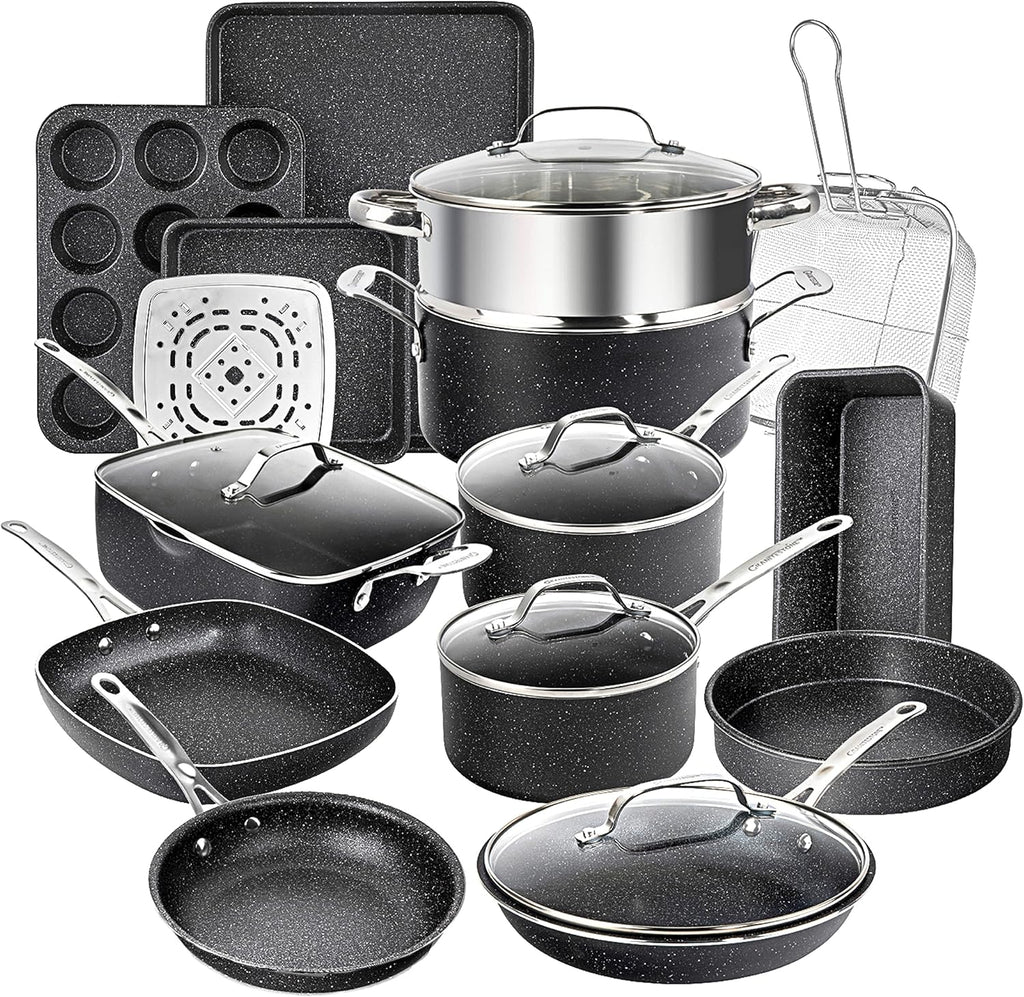 Granitestone 20 Pc Pots and Pans Set Nonstick Kitchen Cookware Set with Frying Pan, Bakeware & Steamer, Diamond Infused, Non Toxic PFOA PFOS Free, Metal Utensil Safe, Oven & Dishwasher Safe, Black