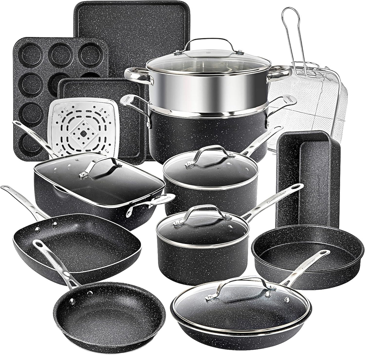 Granitestone 20 Pc Pots and Pans Set Nonstick Kitchen Cookware Set with Frying Pan, Bakeware & Steamer, Diamond Infused, Non Toxic PFOA PFOS Free, Metal Utensil Safe, Oven & Dishwasher Safe, Black