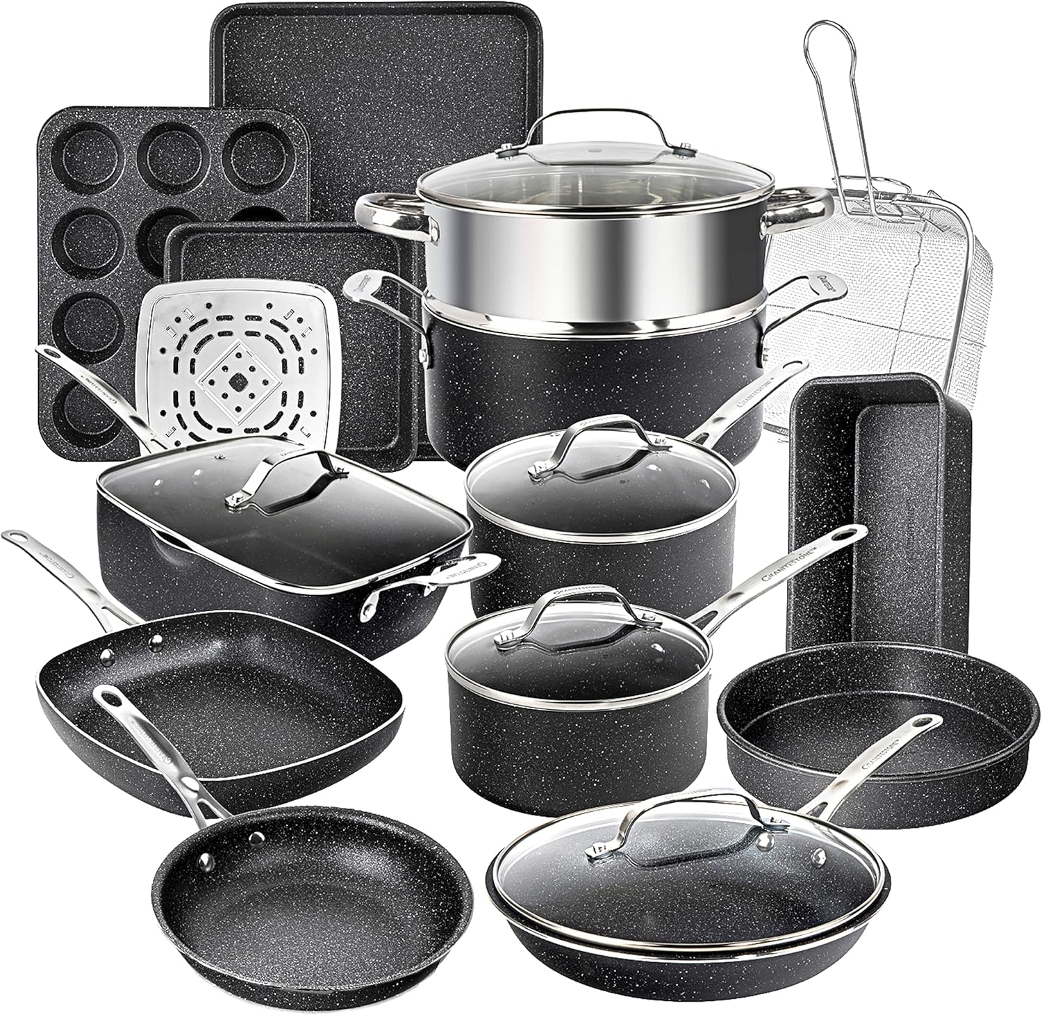 Granitestone 20 Pc Pots and Pans Set Nonstick Kitchen Cookware Set with Frying Pan, Bakeware & Steamer, Diamond Infused, Non Toxic PFOA PFOS Free, Metal Utensil Safe, Oven & Dishwasher Safe, Black