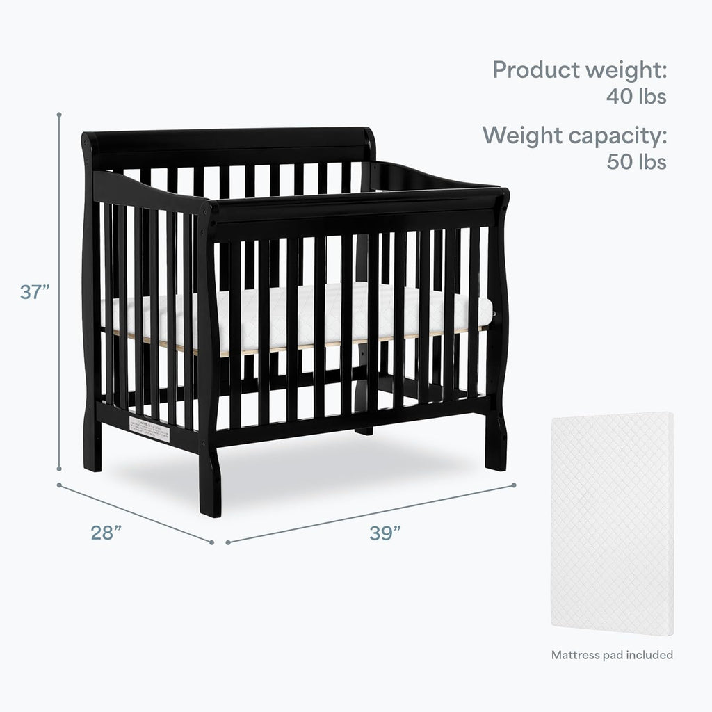 Dream On Me Aden 4-in-1 Convertible Mini Baby Crib, GREENGUARD Gold & BSA Certified, Sustainable Pinewood, Non-Toxic Finish, 3 Mattress Heights, Converts to Mini Day & Twin-Size Bed - Black