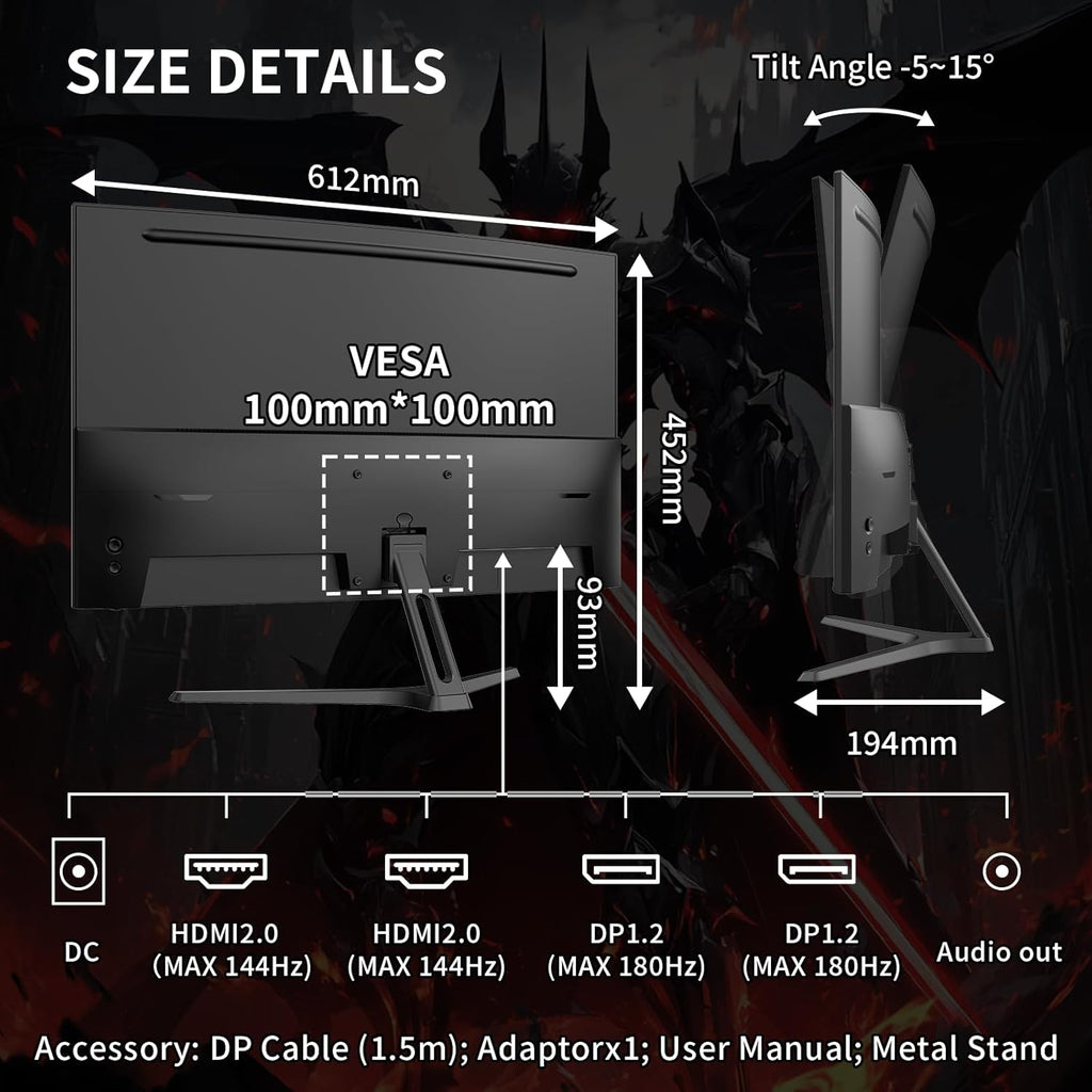 SANSUI 27 Inch WQHD 2560X1440 Curved Gaming Monitor, 180Hz MPRT 1ms Computer Monitor,HDMI2.0 * 2, DP1.2 * 2, Freesync, Curved 1500R, 5000:1 Contrast Ratio, 120% sRGB,HDR(ES-G27C1Q DP Cable Included)