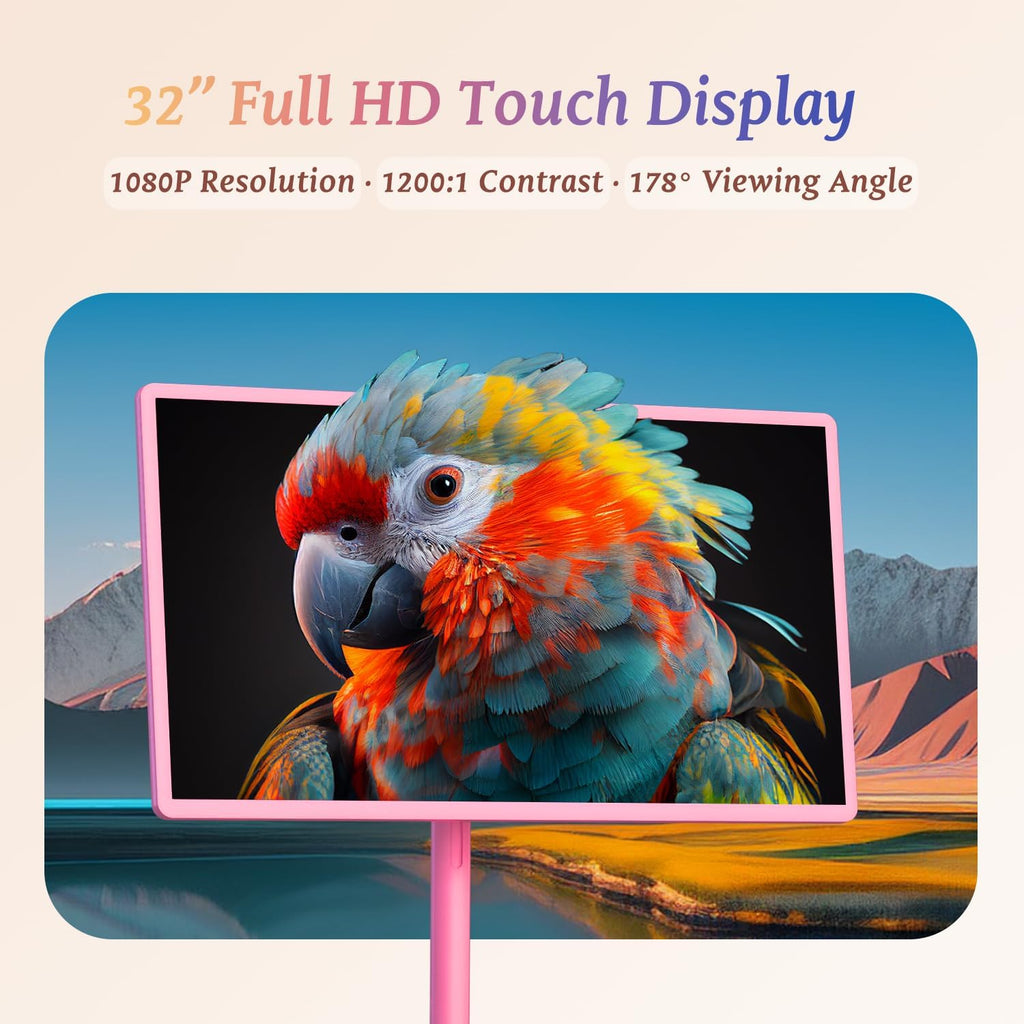 32" Portable Smart TV with Android 15, 1080P Touch Screen Monitor on Wheels, EDLA-Certified, 8GB+128GB Storage, 5MP Camera, 10H Playing Time, Rotatable Display, Wireless Casting, Voice Remote Control