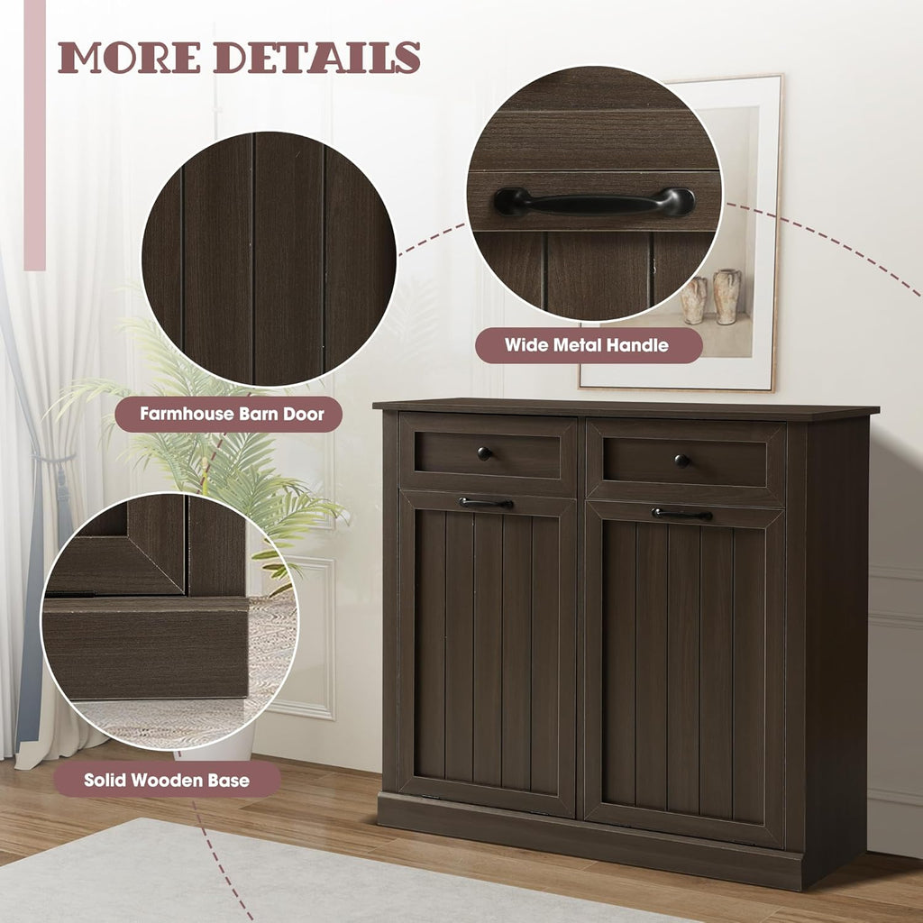 Double Tilt Out Laundry Hamper Cabinet, Modern Farmhouse Trash Can Cabinet w/2 Drawers, Wooden 22 Gallon Hidden Garbage Cabinets with 2 Laundry Storage Baskets for Kitchen and Bathroom (Grey)
