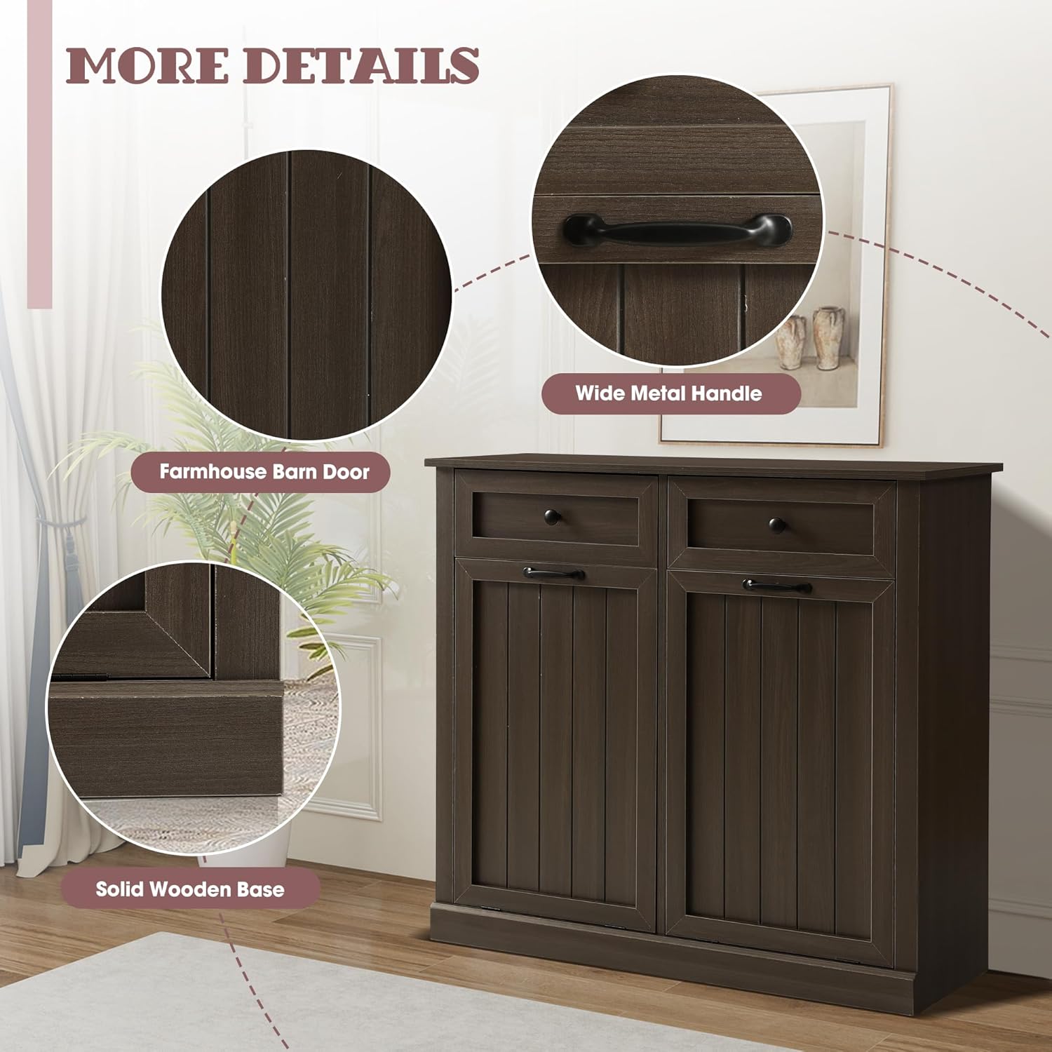 Double Tilt Out Laundry Hamper Cabinet, Modern Farmhouse Trash Can Cabinet w/2 Drawers, Wooden 22 Gallon Hidden Garbage Cabinets with 2 Laundry Storage Baskets for Kitchen and Bathroom (Grey)