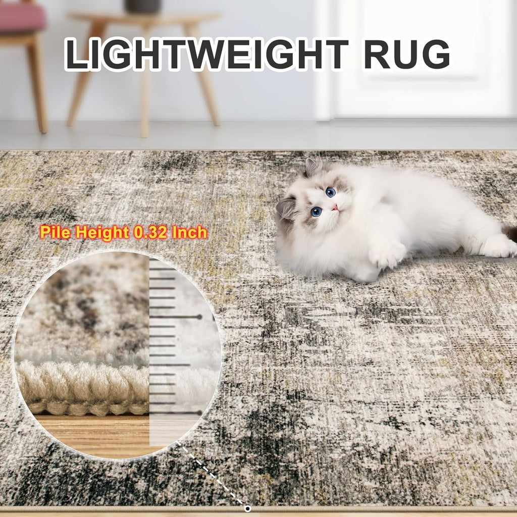Area Rugs 9x12 Living Room - Washable Rug Modern Abstract Soft Large Neutral Non-Slip Carpet Indoor Floor Thin Carpets for Bedroom Dining Room Farmhouse Nursery Home Office Brown Black Grey