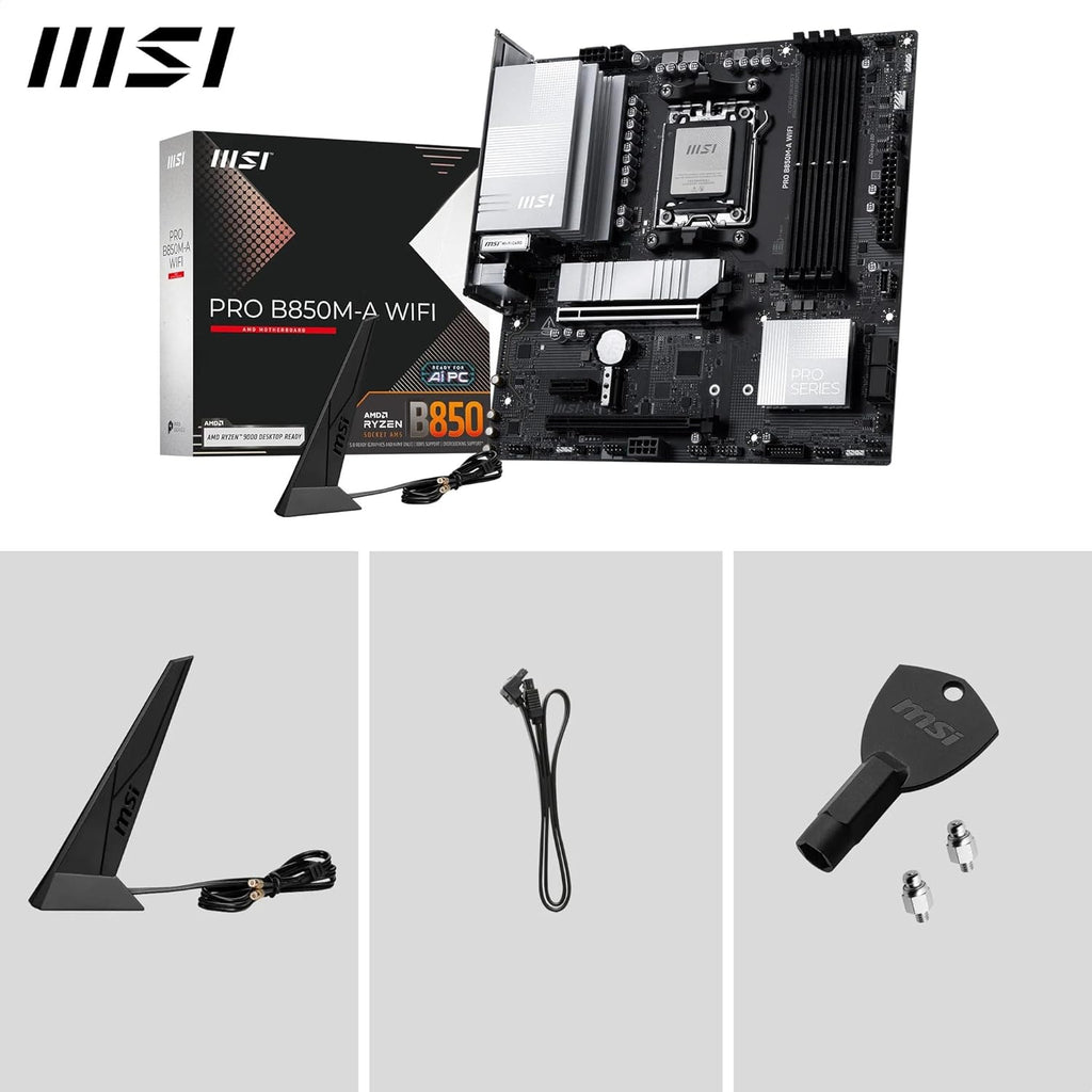 MSI PRO B850M-A WiFi Motherboard, mATX - Supports AMD Ryzen 9000/8000 / 7000 Processors, AM5 - DDR5 Memory Boost (8200+ MT/s OC), PCIe 5.0 x16 & 4.0 x4, M.2 Gen5, Wi-Fi 7, 5G LAN