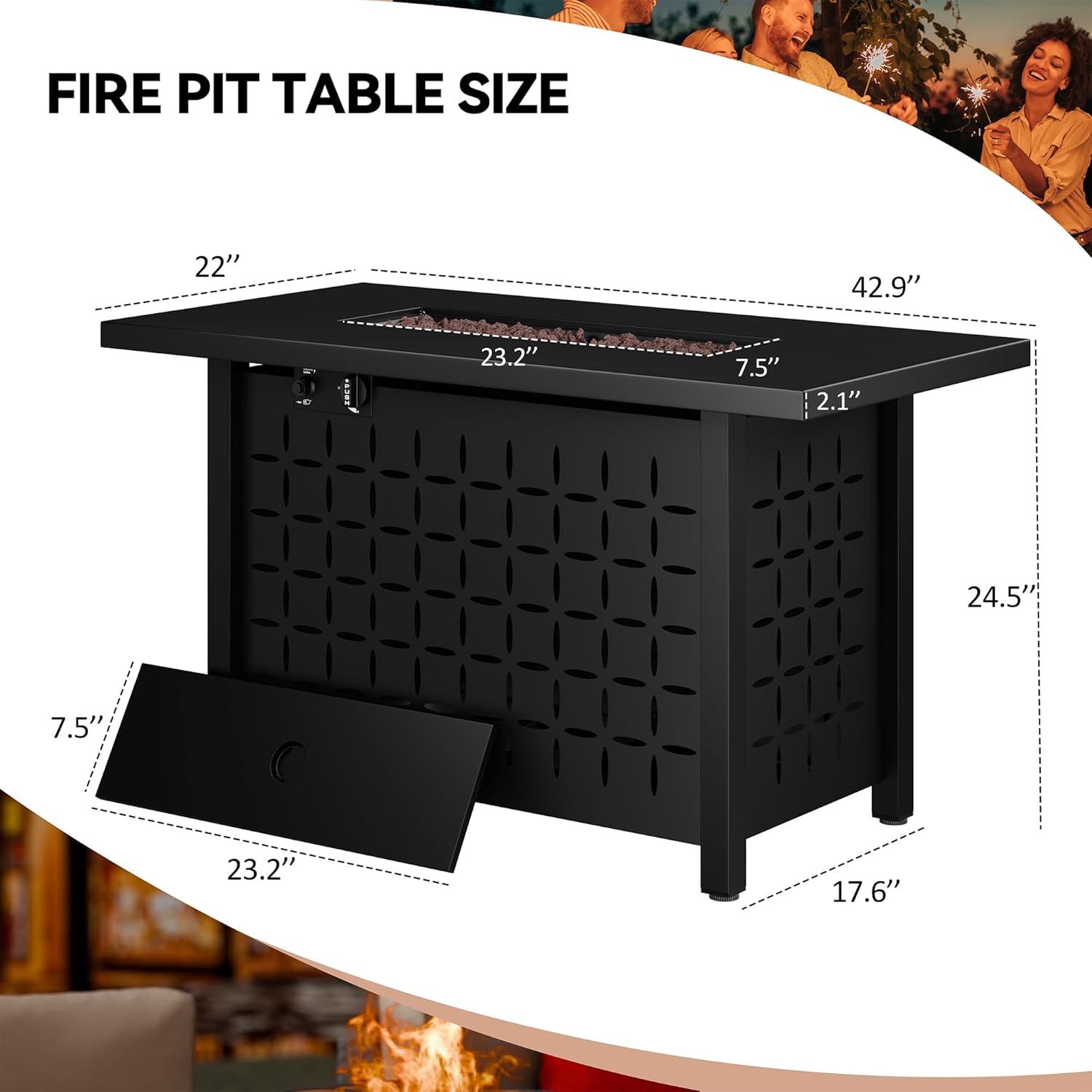 Vongrasig 43" Gas Fire Pit for Outside, 50,000 BTU Outdoor Propane Fire Pit Table with Lid & Lava Rock, Steel Rectangular Fire Table for Patio, Backyard, Deck, Garden, Black