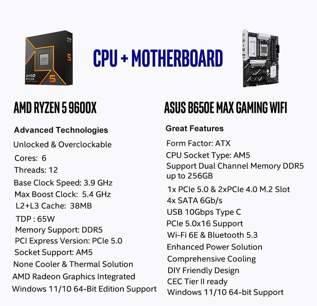 MICRO CENTER AMD Ryzen 5 9600X CPU Processor Bundle with ASUS B650E MAX Gaming WiFi AM5 ATX Motherboard (DDR5, PCIe 5.0, 3X M.2, Wi-Fi 6E)