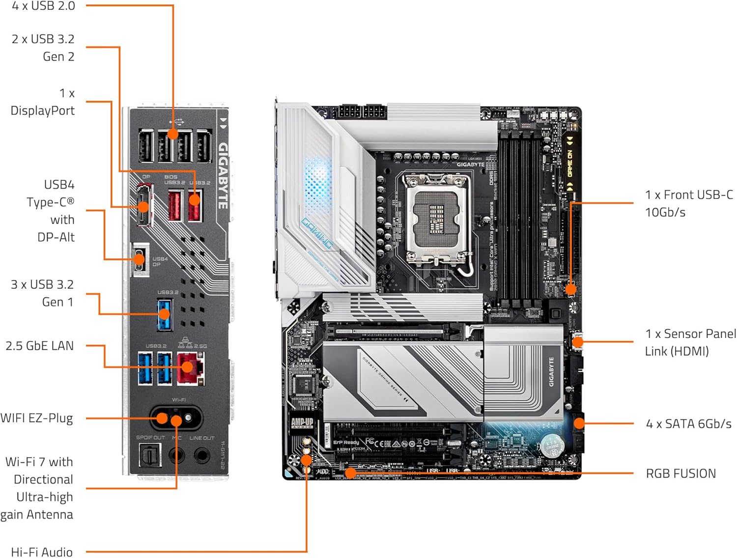 GIGABYTE Z890 Gaming X WIFI7 Intel Core Ultra (Series 2) LGA 1851 Motherboard, ATX, DDR5, 4X M.2, PCIe 5.0, USB4, WIFI7, 2.5GbE LAN, EZ-Latch