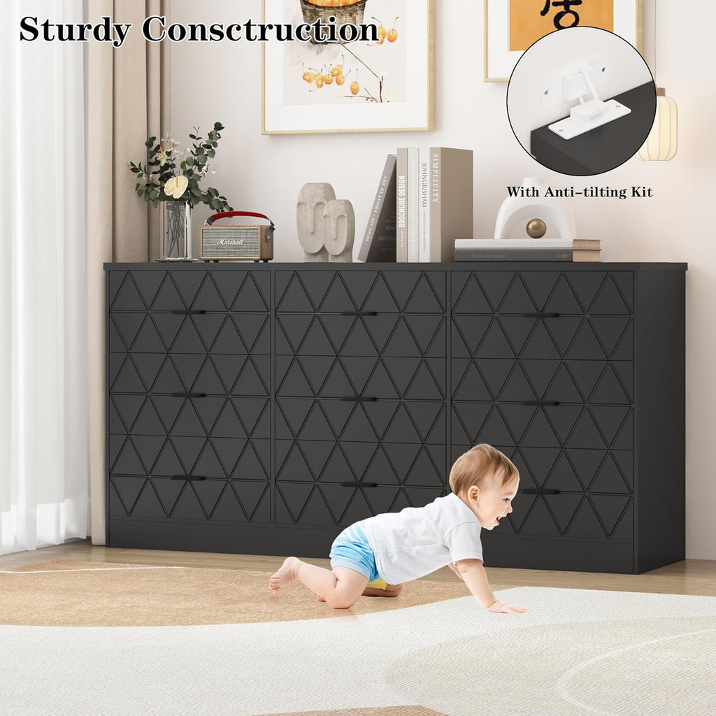 GAOMON 63'' Large Dresser for Bedroom with Power Outlet, 9 Drawers Dresser for Bedroom, Modern Chest of Drawers for Closet, Storage Organizer for Living Room, Hallway, Black