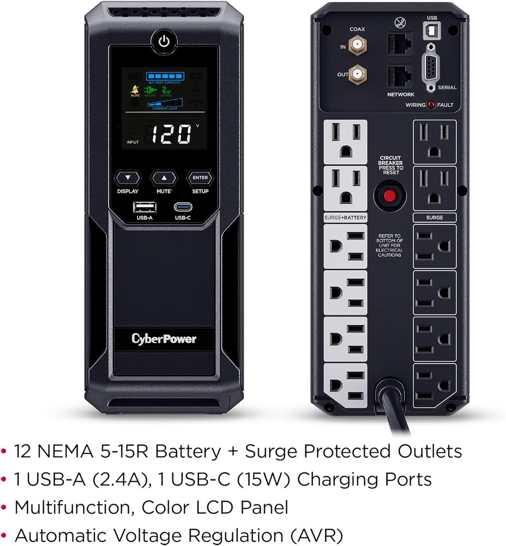 CyberPower CP1500AVRLCD3 Intelligent LCD UPS Battery Backup and Surge Protector, 1500VA/900W, 12 Outlets, 2 USB Ports, AVR, Mini Tower, UL Certified
