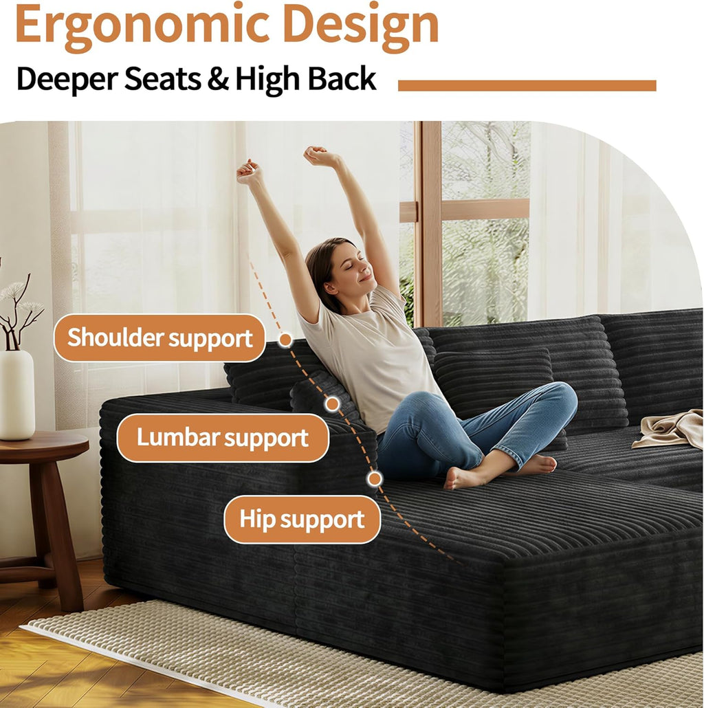 107" Modular Sectional Couches for Living Room, Comfy L-Shaped Boneless Cloud Couch with Chaise, Modern Deep Seat Corduroy Floor Sofa, No Assembly Required (Right Facing Chaise, Black)