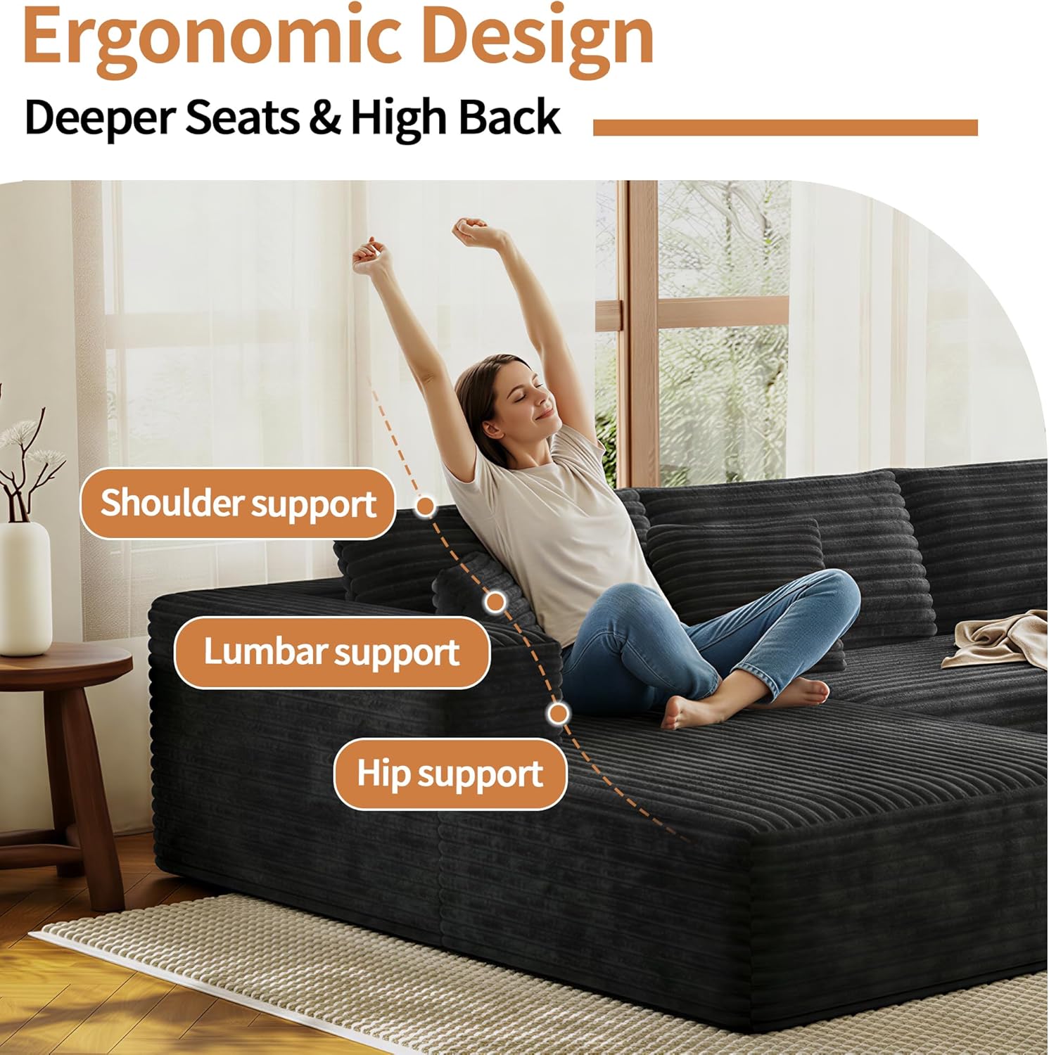 107" Modular Sectional Couches for Living Room, Comfy L-Shaped Boneless Cloud Couch with Chaise, Modern Deep Seat Corduroy Floor Sofa, No Assembly Required (Right Facing Chaise, Black)