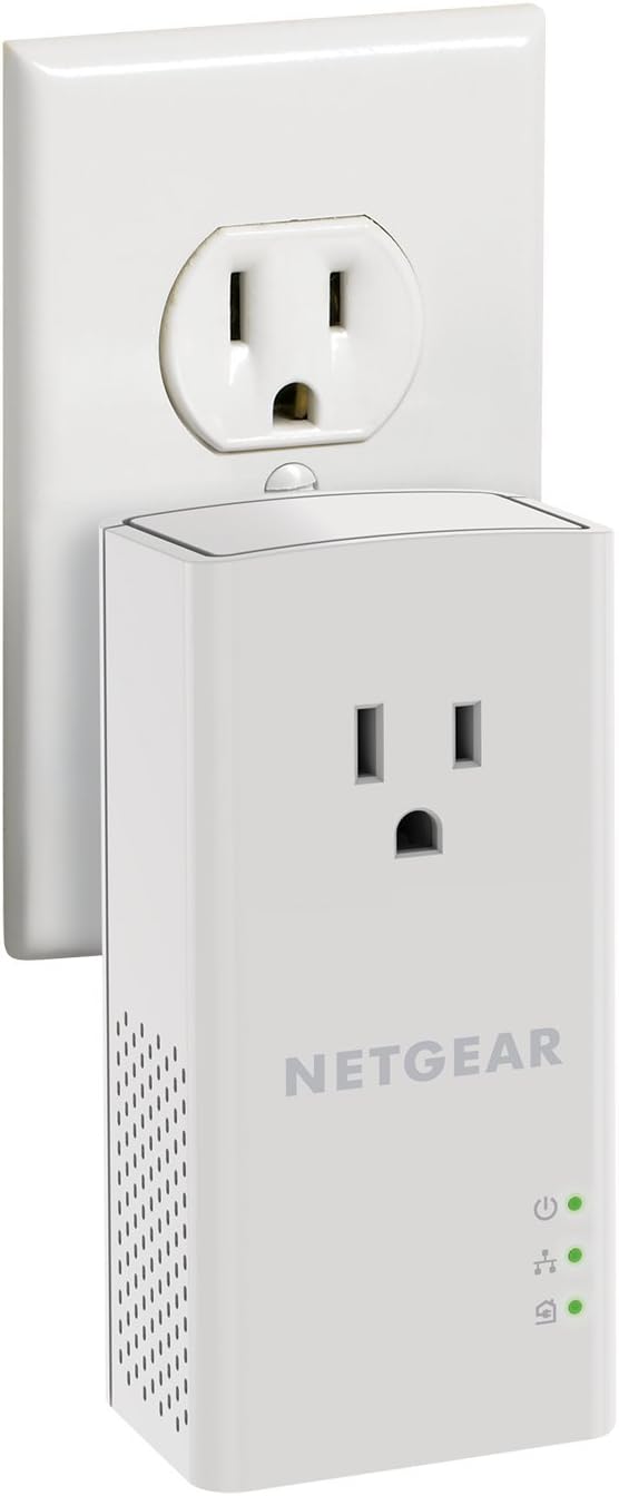 NETGEAR Powerline Adapter Kit, 1200 Mbps Wall-Plug, 1.2 Gigabit Ethernet Ports with Passthrough + Extra Outlet (PLP1200-100PAS)