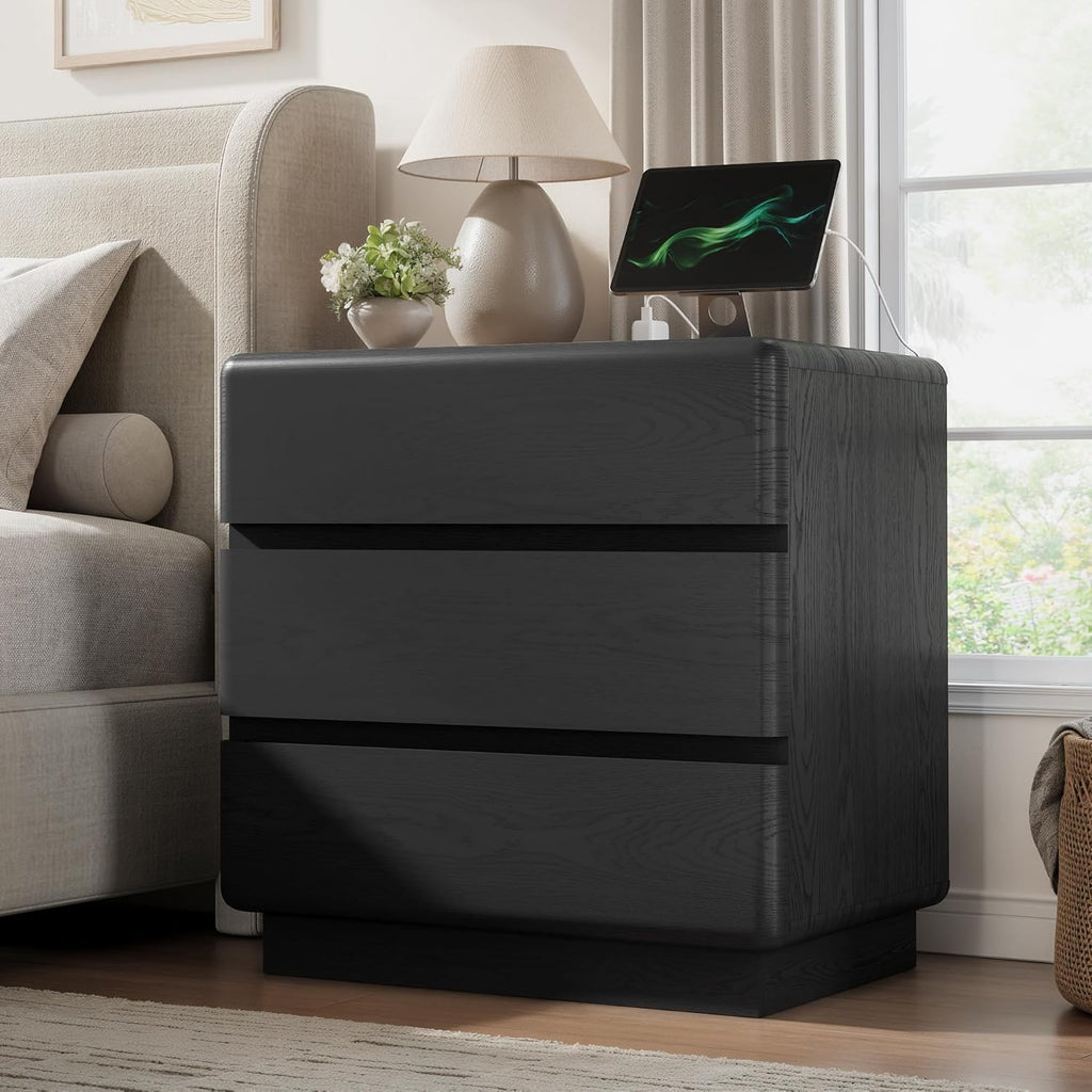 YANSNWO Black Nightstand with Charging Station, 23.6" Modern Night Stand with 3 Storage Drawers, Rounded Corner Design, Bedside Table with Reinforced Thickened Base for Bedroom, Living Room
