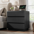 YANSNWO Black Nightstand with Charging Station, 23.6" Modern Night Stand with 3 Storage Drawers, Rounded Corner Design, Bedside Table with Reinforced Thickened Base for Bedroom, Living Room
