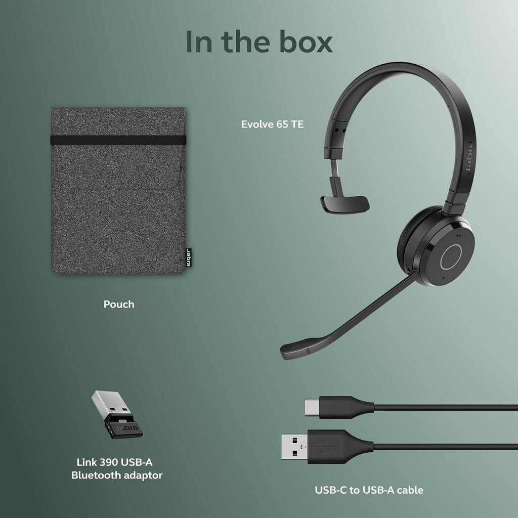 Jabra Evolve 65 TE (Third Edition) Wireless Single-Ear Headphones - Noise-Canceling Mic, 16 hr Battery Life, Dual Connectivity, MS Teams Certified, Supports Other Platforms, Black