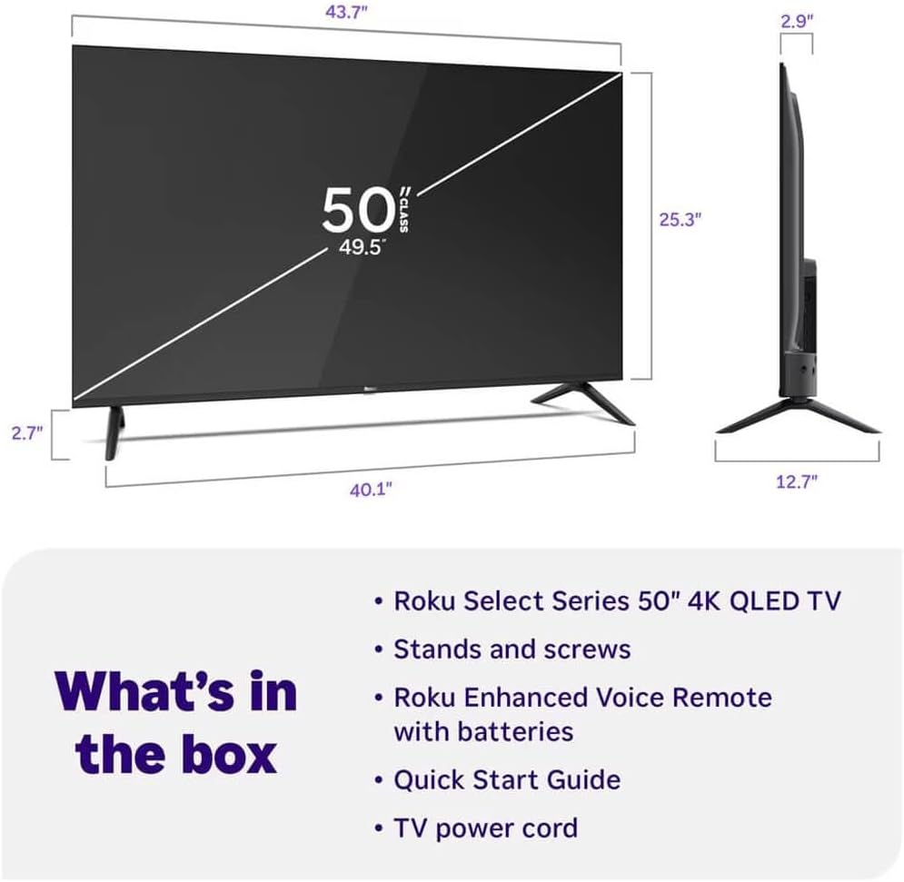 Roku 50 Inch Class Select Series 4K QLED Smart TV Quantum Dot HDR WiFi Voice Remote Streaming Television HDMI Cable Streaming Bundle 12 Month CPS Warranty