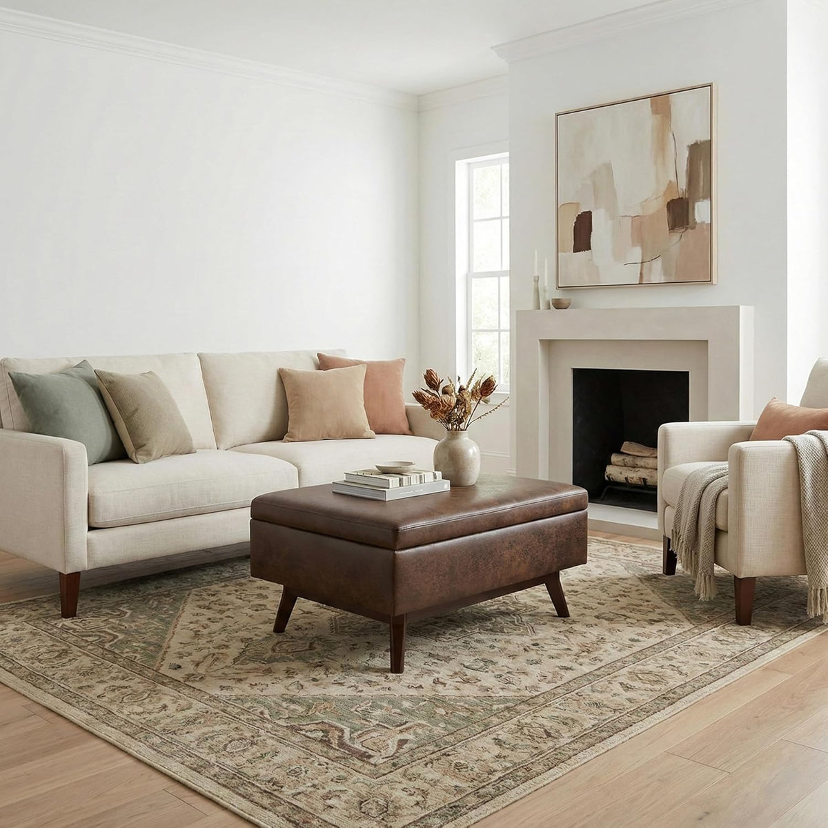 SIMPLIHOME Owen Coffee Table Storage Ottoman - 34" Wide x 19" High Upholstered Vegan Leather Rectangular Lift-Top Ottoman in Distressed Chestnut Brown, Mid-Century Modern Bench with Tapered Legs