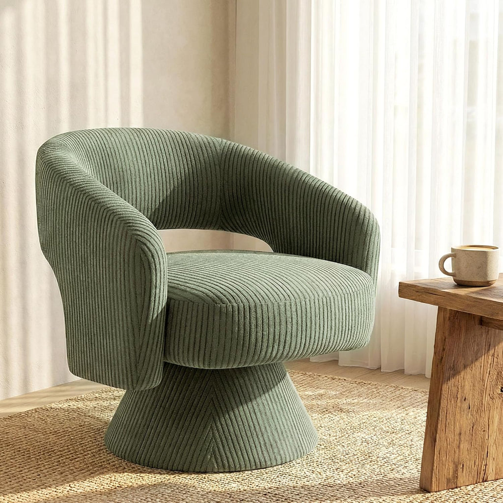 HOMCOM 360° Swivel Accent Chair, Corduroy Upholstered Barrel Chair, Modern Armchair with Thick Padding for Living Room, Bedroom, Reading Room, Green