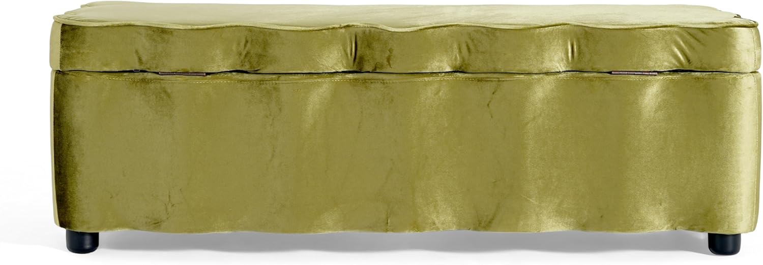 Christopher Knight Home Pean Living Room Ottoman with Storage, Velvet Upholstered Storage Ottoman Bench, Sofa Foot Stool with Wood Frame, Bedroom End of Bed Bench, Chic Scalloped Design, Olive Green