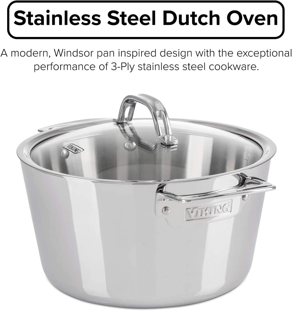 Viking Contemporary 3-Ply Dutch Oven, 5.2 Quart Stainless Steel Cookware Pot with Glass Lid, Dishwasher and Oven Safe, Induction Ready, Silver