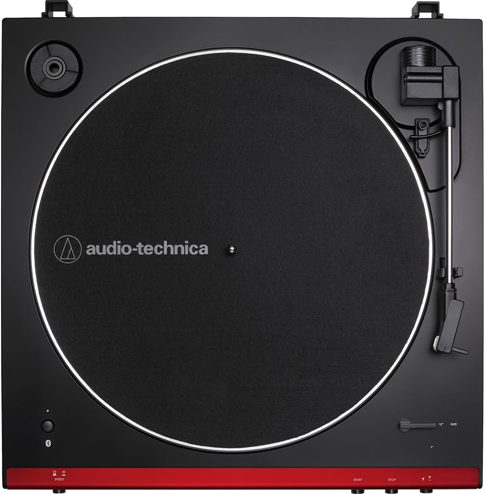 Audio-Technica AT-LP60XBT-RD Fully Automatic Belt-Drive Bluetooth Stereo Turntable, Red/Black Bundle with Record Care Solution, Deco Gear Cleaning Kit, Stroboscope and Record Stabilizer