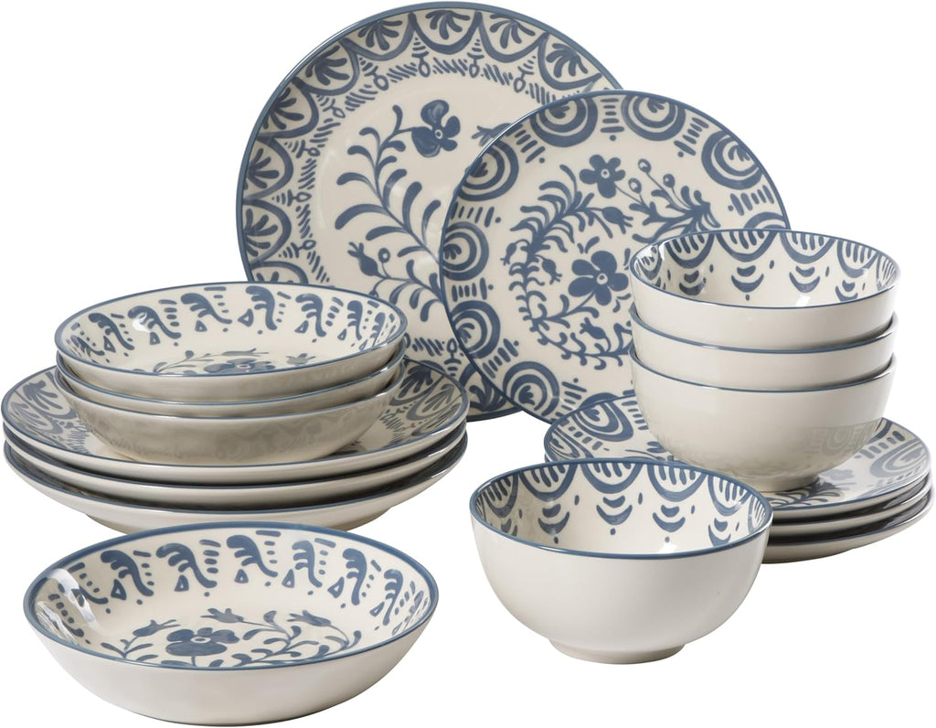 Bloomhouse - 2-Time Oprah's Favorite Things - Valencia Flor 16 Piece Dinnerware Set, Artisanal Decorated Stoneware Plates & Bowls, Service for 4, Microwave & Dishwasher Safe, Iris Blue