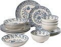 Bloomhouse - 2-Time Oprah's Favorite Things - Valencia Flor 16 Piece Dinnerware Set, Artisanal Decorated Stoneware Plates & Bowls, Service for 4, Microwave & Dishwasher Safe, Iris Blue