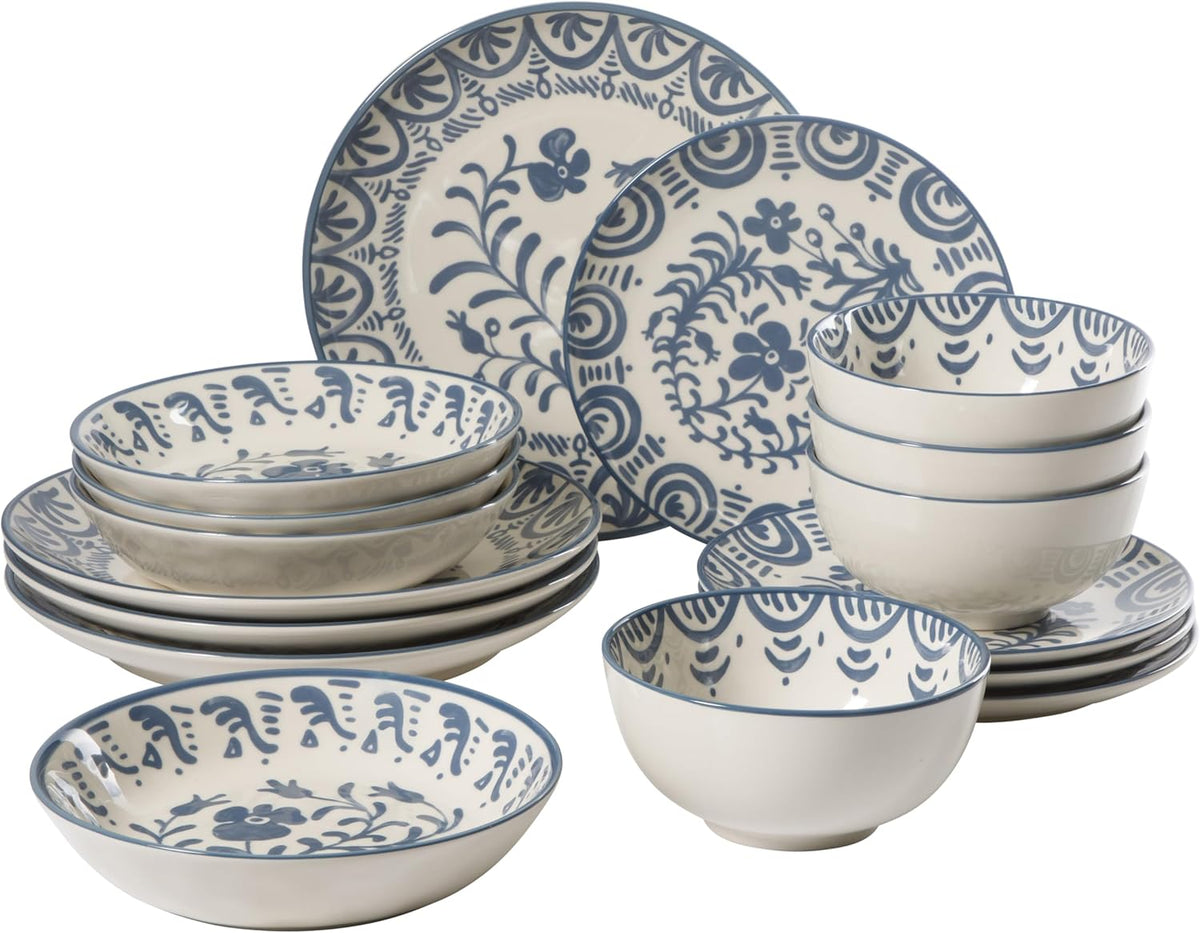 Bloomhouse - 2-Time Oprah's Favorite Things - Valencia Flor 16 Piece Dinnerware Set, Artisanal Decorated Stoneware Plates & Bowls, Service for 4, Microwave & Dishwasher Safe, Iris Blue